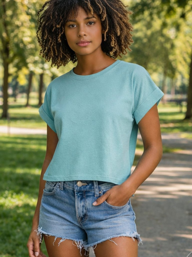 Zenana Premium Cotton High Thread Count Rolled Short Sleeve Dusty Teal Tee Shirt